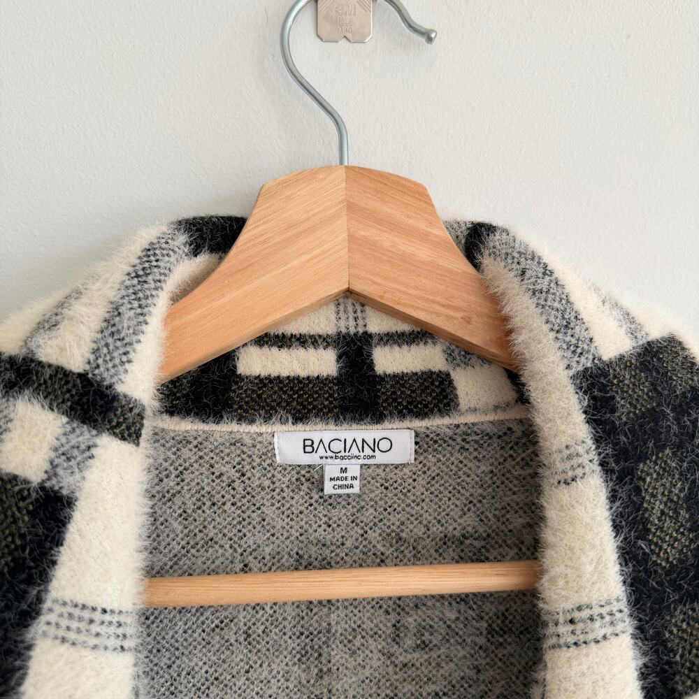 Baciano Plaid Pattern Double-Breasted Mid-Length Teddy Boucle Coat Black White M - Picture 4 of 9